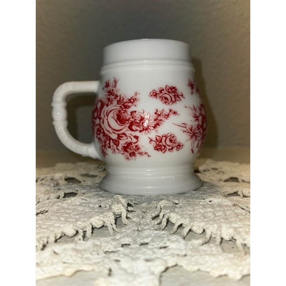 Vintage Kossinger KG Schierling Milk Glass Beer Stein Red Floral 1985 Germany